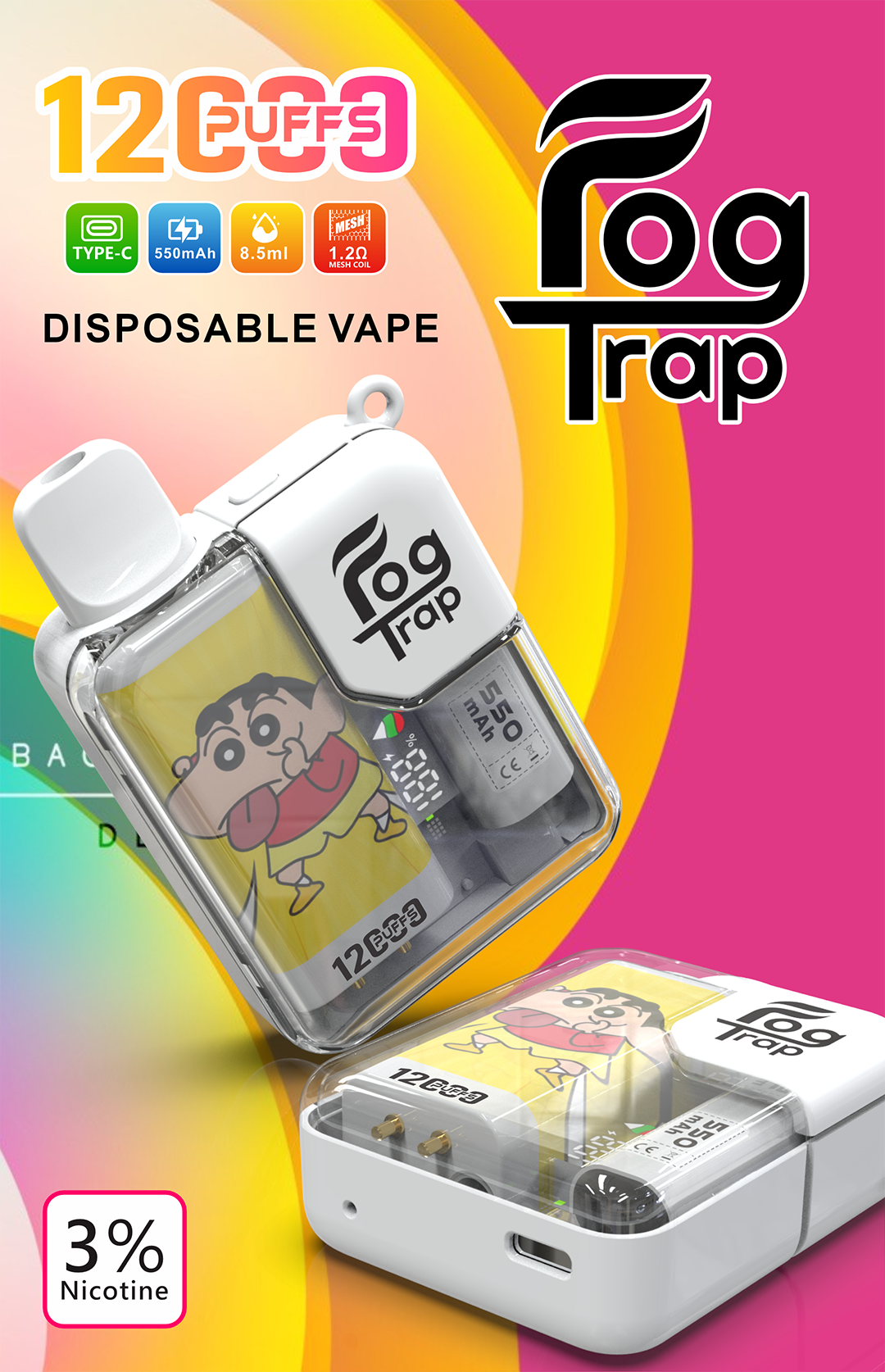 Fog Trap 12000口 潮流霧化機 蠟筆小新 × LABUBU 絢麗塗裝 搭載 LCD 智控實時儀表板 超人氣聯名台灣現貨秒發:圖片 4