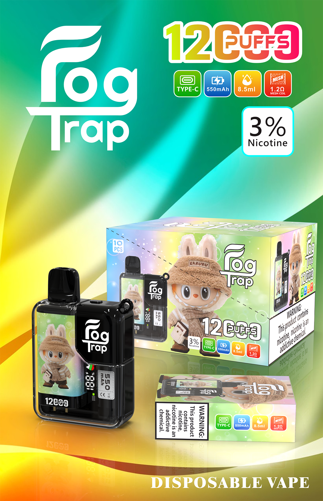 Fog Trap 12000口 潮流霧化機 蠟筆小新 × LABUBU 絢麗塗裝 搭載 LCD 智控實時儀表板 超人氣聯名台灣現貨秒發:圖片 3