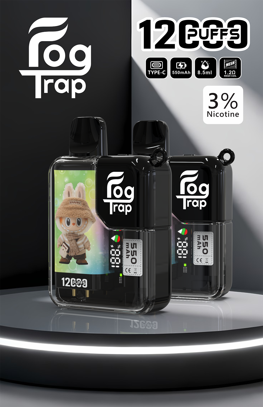 Fog Trap 12000口 潮流霧化機 蠟筆小新 × LABUBU 絢麗塗裝 搭載 LCD 智控實時儀表板 超人氣聯名台灣現貨秒發:圖片 2